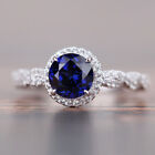 2.5ct Round Cut Blue Sapphire Engagement Ring Halo Diamond 14k White Gold Over