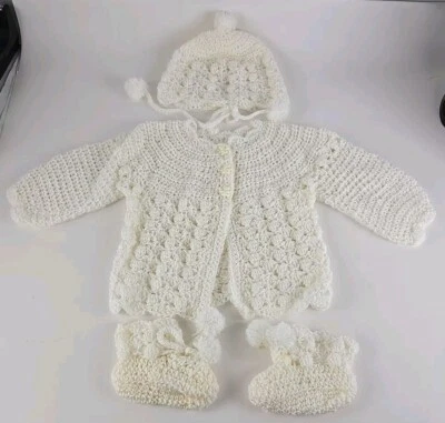 Manta bebé tejida a mano, sombrero, zapatos y chaqueta color crema/blanco envío gratuito Foto 1 de 4