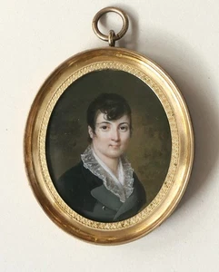 Miniatur 19. Jh., tolles Portrait einer jungen Frau, romantisch, vergoldeter Bronzerahmen - Bild 1 von 4