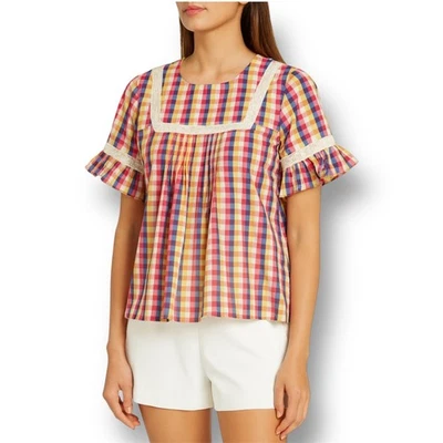 Top a cuadros de guinga de fábrica inglesa manga con volantes ribete de encaje Cottagecore Boho XS Foto 1 de 4