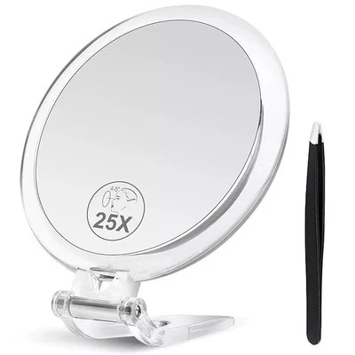 B Beauty Planet 25x Magnifying Mirror 6 inch portable with tweezers and bag