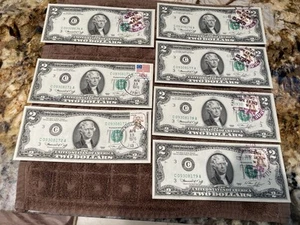 1976 $2 Two Dollar US Bank Notes First Day of Issue Lot of (7) SEQUENTIAL UNC - Picture 1 of 2