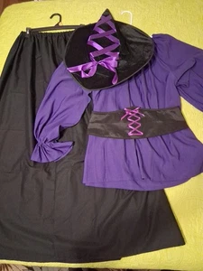 Costume Witch Outfit Purple Peasant Blouse Black Maxie Skirt Belt Hat  Sz L/XL - Picture 1 of 13