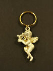 VTG White & Gold Tone CUPID WITH WINGS PLAYING HARP Cute Figural Metal Keychain