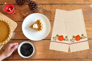 Autumn Kitchen Towel 2 Pack Embroidered Fall Pumpkin Vine Cotton Waffle 16 x 26 - Picture 1 of 8