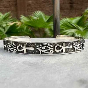 Handcrafted 925 Sterling Silver Egypt Eye & Ankh Eye of Horus Egyptian Bracelet - Picture 1 of 4