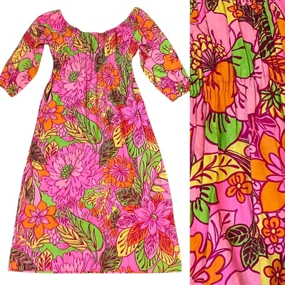Винтажный 60-х цветочный MUU MUU дом платье кафтан ретро Гавайи цветочный психоделический - Изображение 1 из 4