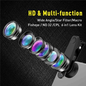APEXEL 6 in 1 Phone Camera Lens Kit Wide Angle macro Lens Fish Eye Lens CPL/Star - Picture 1 of 11