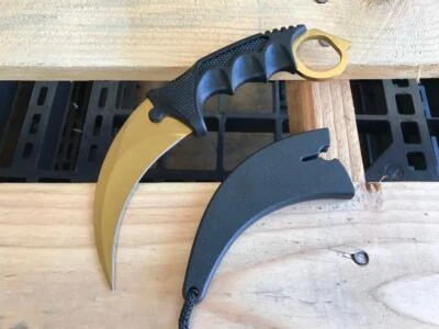 CSGO Tactical Karambit Neck Knife Survival Hunting Fixed Blade Gold + Sheath - Image 1 of 2