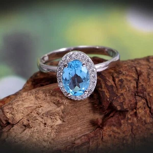 Sky Blue Topaz Halo Stacking Boho Ring 925 Sterling Silver Gift for Her Women - Picture 1 of 3