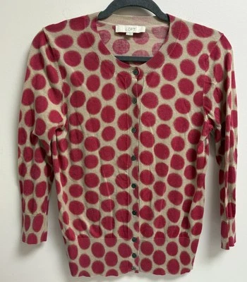 LOFT 波尔卡圆点开衫毛衣米色粉色纽扣前棉女式 S 码 — 第 1/4 张图片