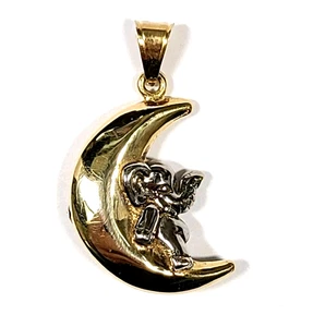 14k Gelb- und Weißgold Elefant sitzend auf dem Mond Anhänger - Bild 1 von 4