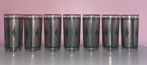 Libbey Mid-Century Teal Blue & Gold Diamond Glasses 5.5"  Set Of 7 Vtg - Picture 1 of 4