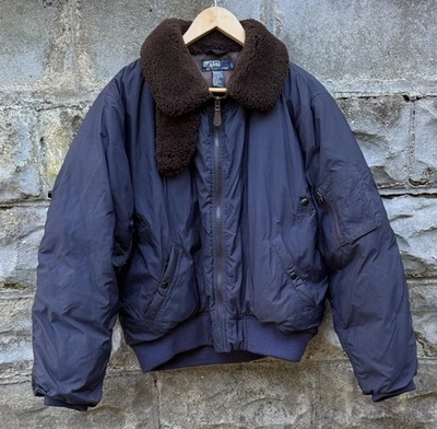 Polo Ralph Lauren Bomber Puffer Jacket Mens Large Blue Down Feathers Lambswool - Image 1 of 4
