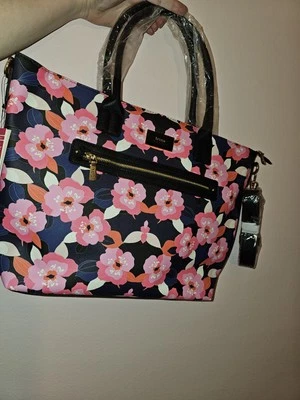 Trina Turk 大号蓝色手提包带粉红色花朵 - 全新带标签 'All Over Narcissus' TTT-2009 — 第 1/4 张图片