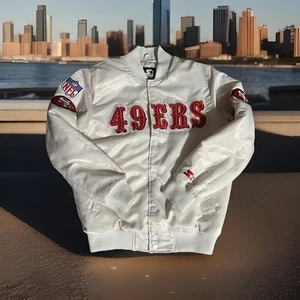 San Francisco 49ers White Satin Bomber Jacket Large Starter Black Label Vintage - Bild 1 von 8