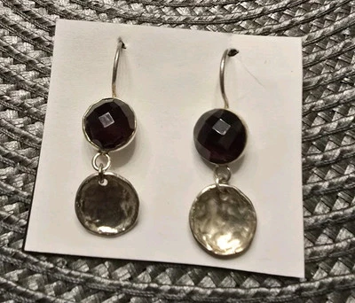 Silpada Sterling Silver Faceted Garnet & Hammered Disc Dangle Earrings W1751 - Image 1 of 4