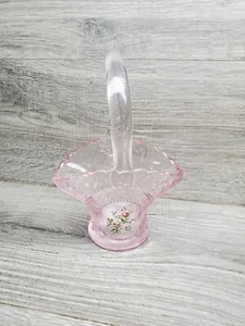 Vtg L E Smith Pink Bride's Glass Basket Fused Clear Handle Handpainted Floral  - Picture 1 of 8