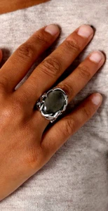 New NOS House of Harlow 1960 silver tone metal antler black glass orb ring 5 - Picture 1 of 4