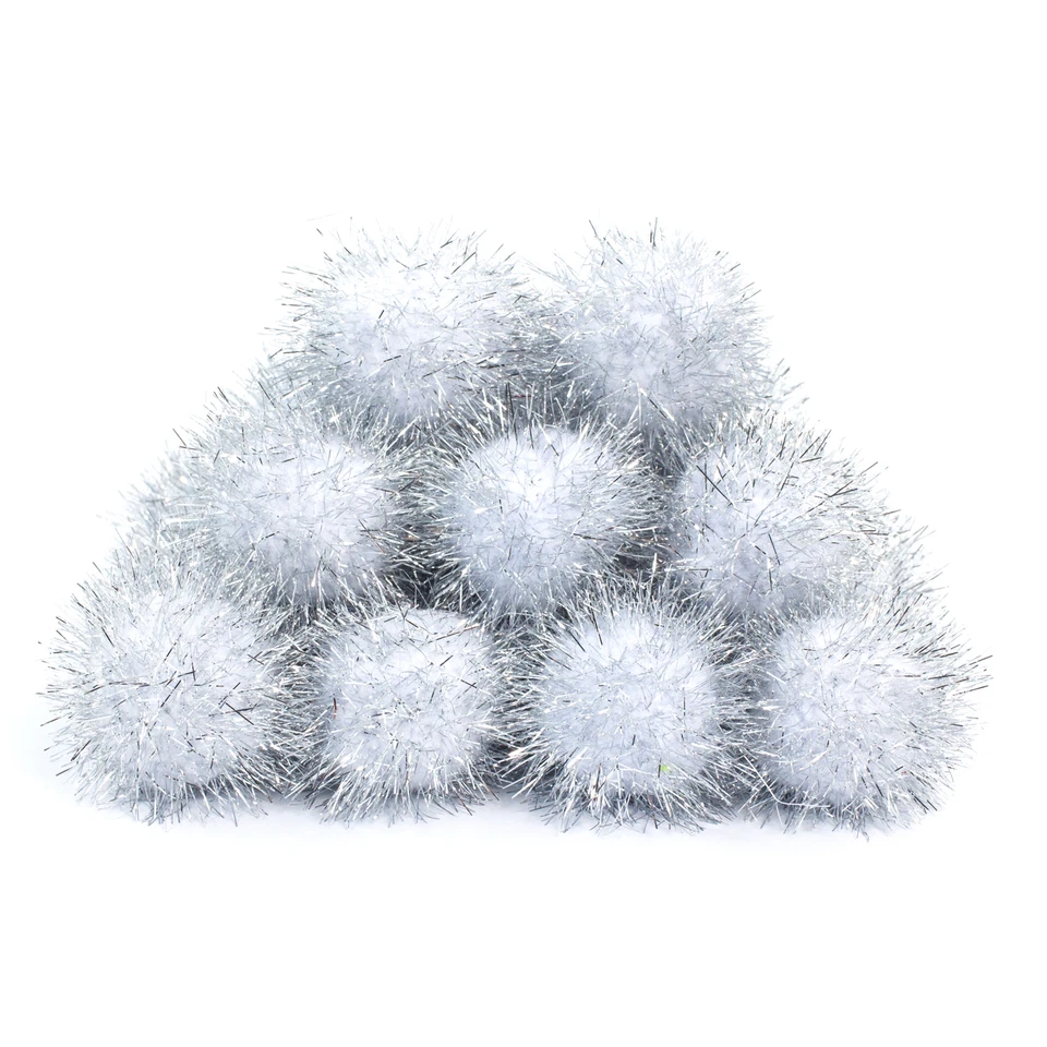 SHOWTHECROW.COM 35mm Silver Glitter Pom Poms For Crafts Decoration Sewing Card Making Hobby