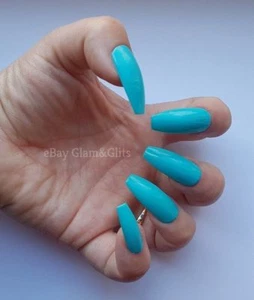 24x Hand Painted Gel Press On False Nails Blue Turquoise Coffin Stiletto Square - Picture 1 of 5