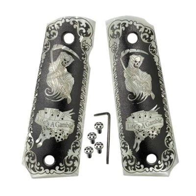 1911 Grips Full-Size Custom Gun Grips 1911 Full size Grips Engraved Grim Reaper - Image 1 of 4