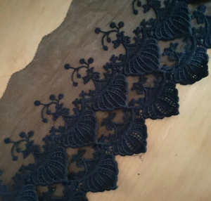 3 Yards 7" Wide Black Mesh Lace / Embroidered 2 Layers Rayon Venise Flower xh140 - Picture 1 of 2