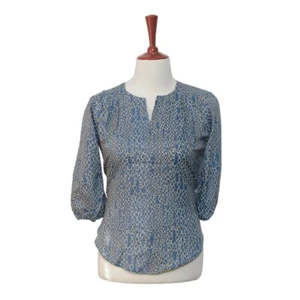 Womens Silky Blouse Blue Chain Baroque Print 3/4 Sleeve V-Neck Casual Top Large - Picture 1 of 6