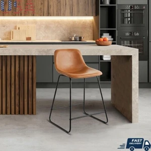Scoop Counter Height Stool Faux Leather Metal Base Kitchen Bar Seating Use Brown - Picture 1 of 18