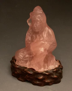 ANTIQUE CHINESE ROSE QUARTZ CARVED FIGURE QUAN YIN  19th CENTURY ON WOOD STAND - Picture 1 of 12