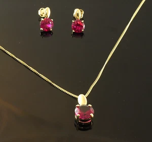 585 Gold SET 14 Karat Kette Anhaenger  Ohrstecker  Zirkonia rubin - Bild 1 von 7