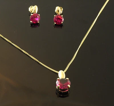 585 Gold SET 14 Karat Kette Anhaenger  Ohrstecker  Zirkonia rubin - Bild 1 von 4