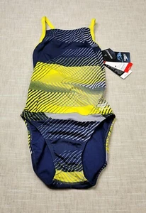 SPEEDO Women Endurance+ Swimsuit Size 28 Blue Yellow Gray Racer Cut Cross Back - Picture 1 of 9