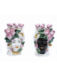 Coppia teste di moro h20 cm in ceramica di caltagirone sicilia tulipani rosa - Foto 1 di 4