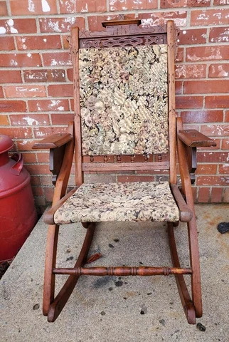 Antique Folding Rocking Chair Floral Needlepoint Seat And Back Carved Wood Accen Cover