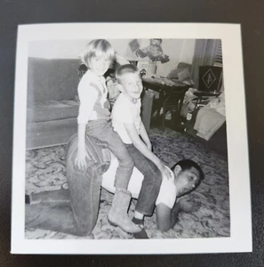 Vintage Kids With Father B/W Photo Horsey Horseback Riding Playing Fun 1965 - Picture 1 of 4