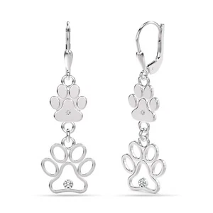 Real 925 Sterling Silver CZ Dog Cat Paw Drop Dangle Earrings for Women Girls - Picture 1 of 6