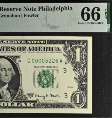 1963A $1 Federal Reserve Note Philadelphia PMG 66EPQ gem low serial number 05226 - Image 1 of 3