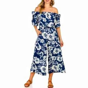 AUW Womens Floral Off The Shoulder Jumpsuit Size 6 Blue Wide Leg Pockets Boho - Picture 1 of 13