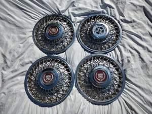 Set of 4 Cadillac 14 inch Wire Spoke Wheel Covers (missing 1 center cap)  - Picture 1 of 10