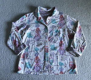 Nick & Nora Pajama Sleep Shirt Women’s Sz Large White Owl Flannel Flip Cuff - Picture 1 of 10