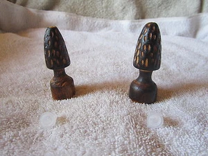 ONE OF A KIND HOMEMADE MAPLE WOOD  MOREL MUSHROOM SALT & PEPPER SHAKERS - Picture 1 of 5