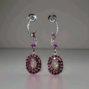 Beautiful Natural Fire Opal, Garnet & Aquamarine 925 Dangle Silver Earrings 1894 - Picture 1 of 7