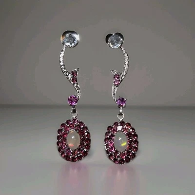 Hermosos pendientes colgantes de plata 925 de ópalo de fuego natural, granate y aguamarina 1894 Foto 1 de 4