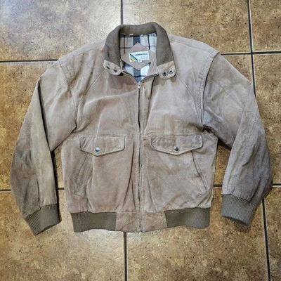 Chaqueta de cuero vintage solo para miembros gamuza marrón forro a cuadros talla 42 bombardero  Foto 1 de 4