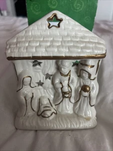 Candelabro votivo luz té belén cerámica blanca detalles dorados - Imagen 1 de 6