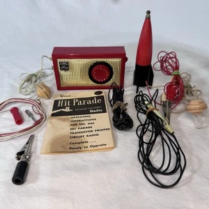 Lot Vintage Hit Parade Red MCM Transistor radio w/ Rocket + Extras UNTESTED - Picture 1 of 10