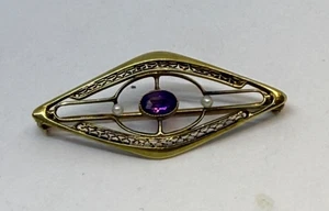 14K GELBGOLD VINTAGE OVALE AMETHYST FILAGRAN MIT PERLEN BROSCHE ANSTECKNADEL 2,3 G - Bild 1 von 12