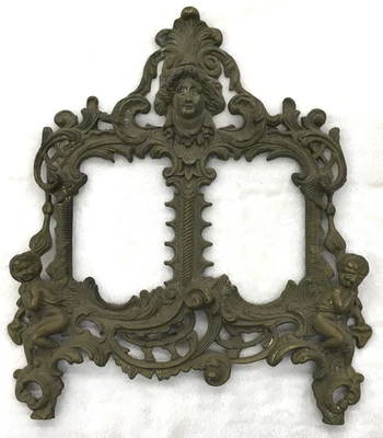 Antigua estatuilla de querubín doble de latón barroco rococó marco de fotos Foto 1 de 4