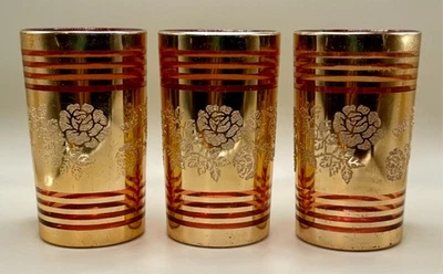 (3) Vasos vintage Dynasty Crown Gold 8 oz vasos vajilla (rojo por dentro) Corea Foto 1 de 4